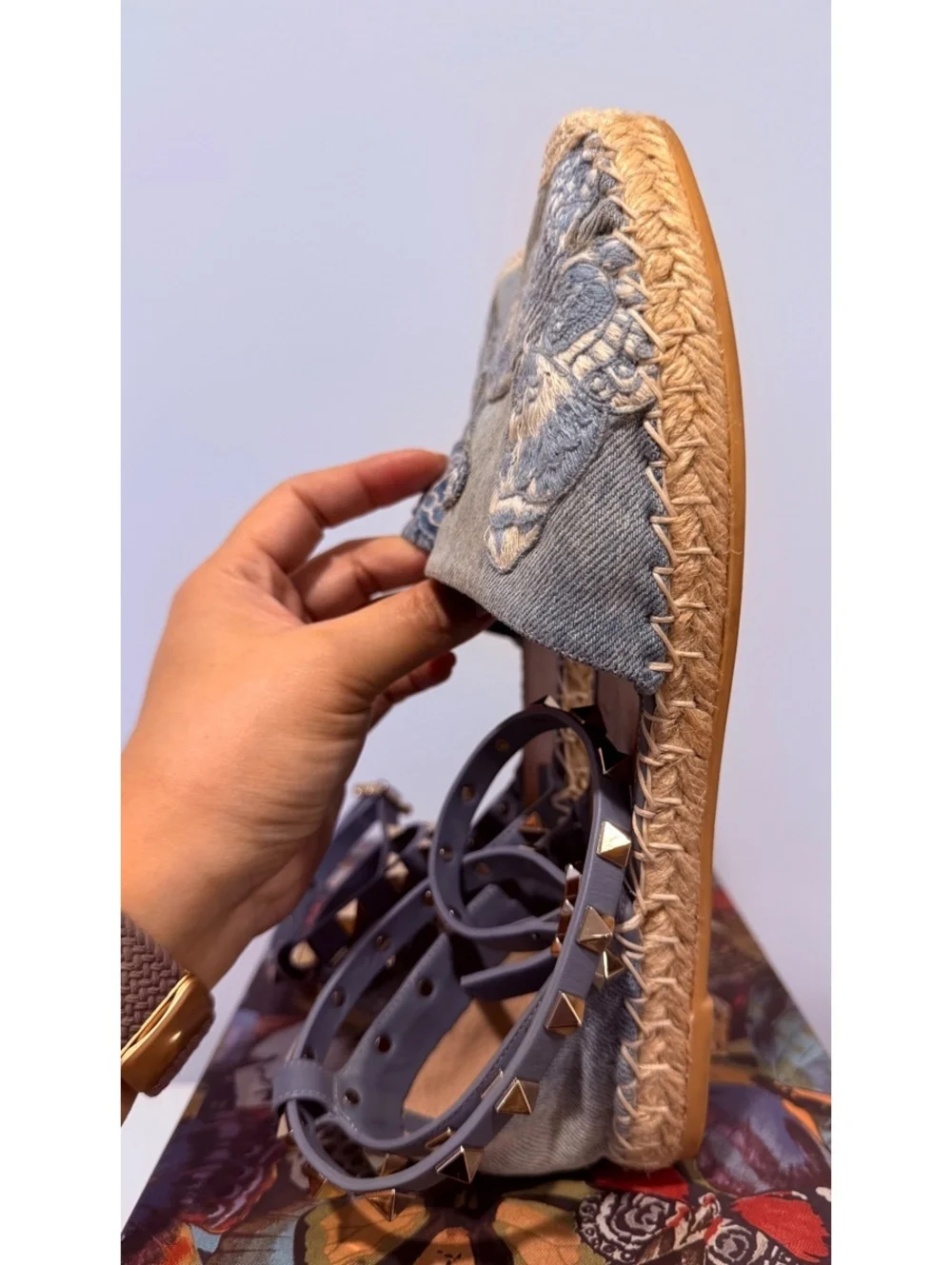 Valentino Denim Butterfly Embroidered Espadrille Flats with Rockstud Ankle Strap